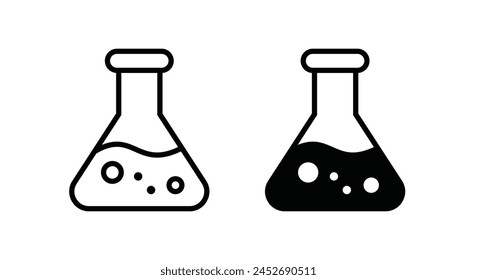 Chemistry beakers with Erlenmeyer flask and test tube holding chemicals, science, lab bulb, laboratory equipment glass icons button, vector, sign, symbol, logo, illustration, editable stroke, flat des