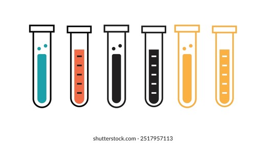 Chemistry beakers with Erlenmeyer flask and test tube holding chemicals flat vector icon for science apps and websites