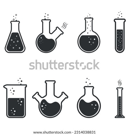 Chemistry beakers and flacks set. Vector line icons