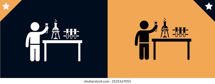 Chemistry biaker with Erlenmeyer flask and test tube holding chemicals flat vector icon for science apps and websites