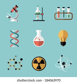 Chemistry bio technology science flat icons set of molecule nuclear power and microscope for school education isolated vector illustration