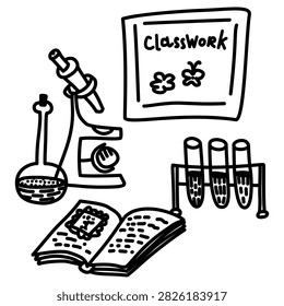 Chemistry and Biology classwork illustration with an open book, a round-bottom flask, a test tubes on a rack and a microscope. Hand-drawn isolated vector illustration of school laboratory equipment