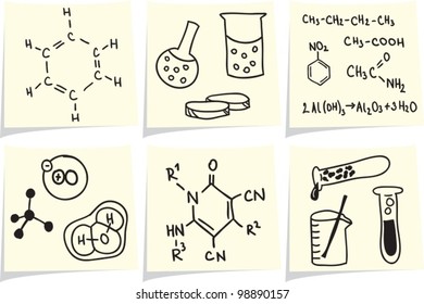 Chemistry and biology icons and formulas on yellow memo sticks. Vector illustration.