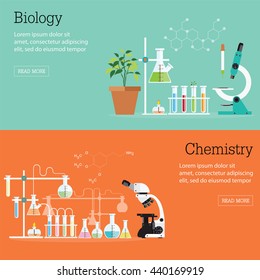 Chemie und Biologie Laborwissenschaft mit Ausrüstung , Mikroskop, konzeptionelle wissenschaftliche Forschung , Vektorgrafik.