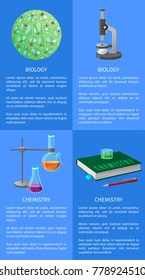 Chemistry and biology posters set with green molecule, microscope tool, flasks holder and book with pen vector illustrations with text on blue