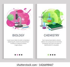 Chemistry and biology science studying vector, school or university disciplines, microscope with bacteria research and examination, substances. Website or slider app, landing page flat style