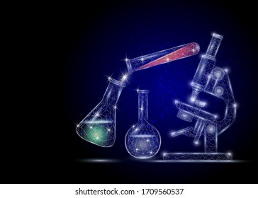 Chemistry or biology science, vector poster banner template. Laboratory equipment, low poly wireframe mesh. Microscope, test tube, flasks. Laboratory research concept polygonal art style illustration.