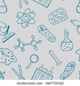 Química y biología. Patrón transparente de elementos dibujados a mano vectorial en estilo doodle. Objetos científicos, educativos y microorganismos en un fondo gris claro.
