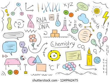 chemistry, biology symbols and shapes. colored chemistry and biology world hand drawing vector