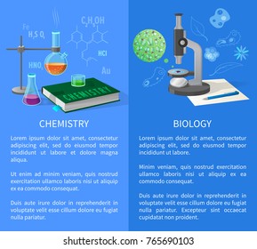 Chemistry and biology vector banners set with flask holder, textbook in hardcover, microscope and ballpoint pen on white sheet of paper on background of formula