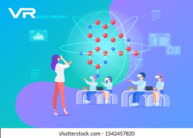 Chemistry Biology VR Education in Virtual Reality Flat vector illustration. Teacher and children learning DNA Molecule structure in Virtual Glasses.