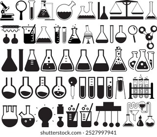 Química y biotecnología Icono y conjunto de Vectores de laboratorio químico. investigación de laboratorio 
Equipos: tubos de ensayo, matraces y sistemas de medición