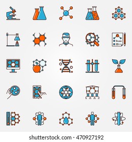 Chemistry and biotechnology icons - flat science colorful symbols. Education bio technology signs