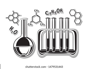 Chemistry black and white icon. Flask, tube rack and chemical formulas. H2O, 2H5OH, C6H3(CH3)3. Water formula, alcohol formula, mesitylene or 1,3,5-trimethylbenzene. Vector illustration