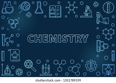 Chemistry blue concept horizontal frame in thin line style - vector illustration on dark background