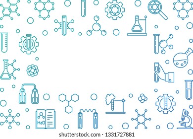 Chemistry blue linear horizontal frame on white background. Chemical concept illustration with empty space