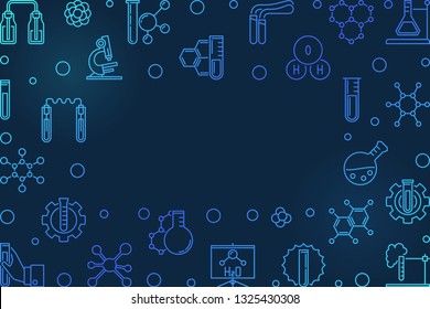 Chemistry blue vector horizontal illustration or frame in thin line style on dark background