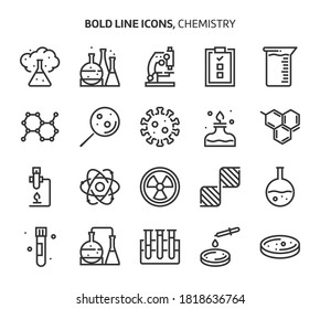 Química, iconos de línea negrita. Las ilustraciones son un vector, trazo editable, archivos perfectos de 48x48 píxeles. Elaborado con precisión y ojo por calidad.