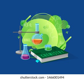 Chemistry book and liquid in glass flask, science presentation decorated by molecules and formulas, scientific equipment, biotechnology education vector. Flat cartoon