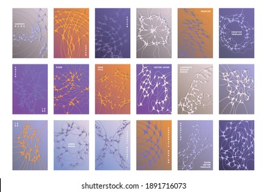 Chemistry brochure cover templates vector set. Global network concept backgrounds. Modern corporate magazine cover layouts. Neuron cells patterns. Marketing banners collection.