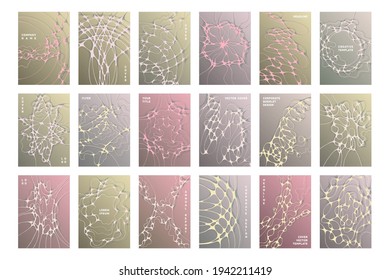 Chemistry brochure cover templates vector set. Global network concept backgrounds. Healthcare magazine cover layouts. Neuron cells textures. Labortory manual covers collection.