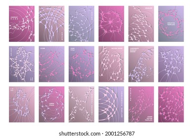 Chemistry brochure cover templates vector set. Worldwide teamwork concept backgrounds. Modern corporate magazine cover layouts. Intersecting waves patterns. Tech data abstract graphics.