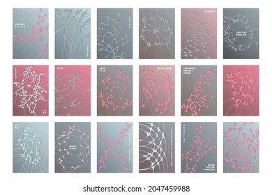 Chemistry brochure cover templates vector set. Abstract dna concept backgrounds. Medicine scientific magazine cover layouts. Intersecting waves patterns. Tech data abstract graphics.