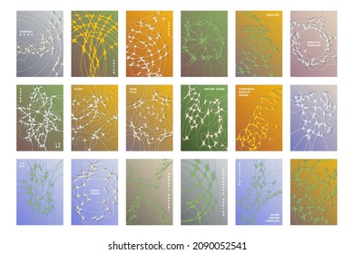 Chemistry brochure cover templates vector set. Molecular structure concept backgrounds. Modern corporate magazine cover layouts. Curve lines grid patterns. Tech data abstract graphics.
