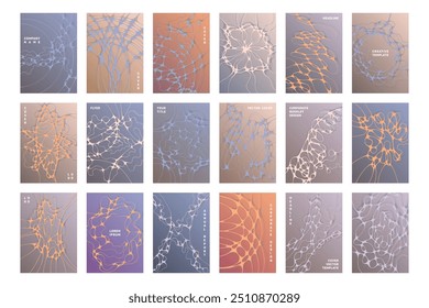 Chemistry brochure cover templates vector set. Worldwide teamwork concept backgrounds. Modern corporate magazine cover layouts. Neuron cells patterns. Futuristic posters collection.
