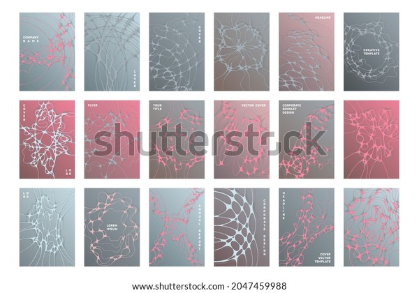 Chemistry brochure cover templates vector set.\
Abstract dna concept backgrounds. Medicine scientific magazine\
cover layouts. Intersecting waves patterns. Tech data abstract\
graphics.