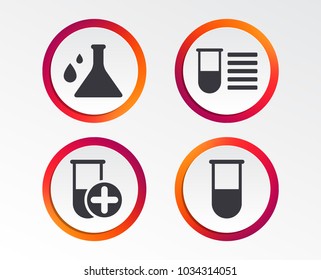 Chemistry bulb with drops icon. Medical test signs. Laboratory equipment symbols. Infographic design buttons. Circle templates. Vector