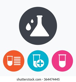 Chemistry bulb with drops icon. Medical test signs. Laboratory equipment symbols. Circle flat buttons with icon.