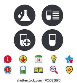 Chemistry bulb with drops icon. Medical test signs. Laboratory equipment symbols. Calendar, Information and Download signs. Stars, Award and Book icons. Light bulb, Shield and Search. Vector