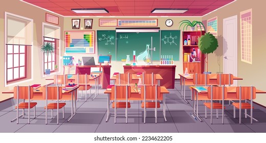 Gabinete de química, interior de laboratorio en aula con fórmula química en pizarra, vasos para experimentos, escritorio de estudiantes y profesores. Escoba escolar vacía, ilustración vectorial de dibujos animados