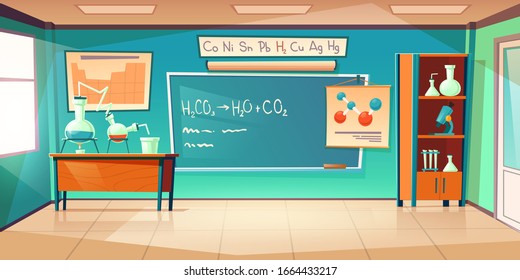 Chemistry cabinet, empty classroom laboratory interior with chemical formula on blackboard, beakers for experiments on desk, furniture and school supplies. Educational room cartoon vector illustration