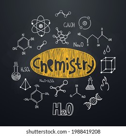 Chemistry chalkboard background in hand drawn style. Round composition with lettering and chemical symbols and formulas. Education subject. Ideal for school poster, graphic print, banner.