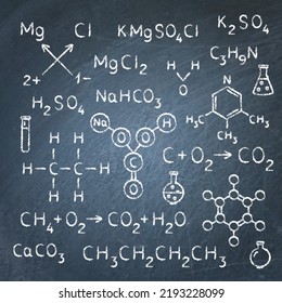 Chemistry chalkboard banner with formulas. Chemical equations and laws on blackboard. Vector illustration