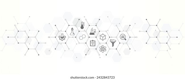 ilustración vectorial de banner de química, experimentos químicos con el sitio web contras y símbolo de la educación de análisis de laboratorio de ciencia