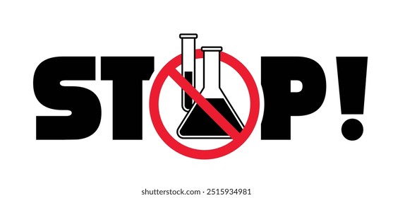 Química, livre de produtos químicos, fórmula ou sinal de laboratório.  Pare a química, sinal proibido com um teste químico, tubo de frasco. Sem conservantes adicionados, comida artificial livre. Sem substâncias orgânicas ou fosfatase.