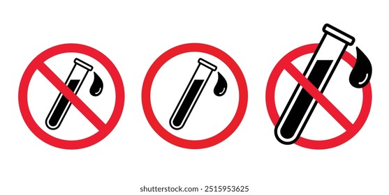 Química, libre de químicos, fórmula o signo de laboratorio.  Detener la química, señal prohibida con una prueba química, tubo del matraz. Sin conservantes añadidos, comida libre artificial. No experimente con líquidos.