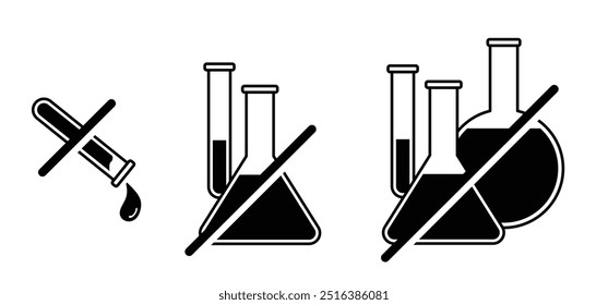 Química, libre de químicos, fórmula o signo de laboratorio. No, detén la química, señal prohibida con una prueba química, tubo del matraz. Sin conservantes añadidos, comida libre artificial. No experimente con líquidos