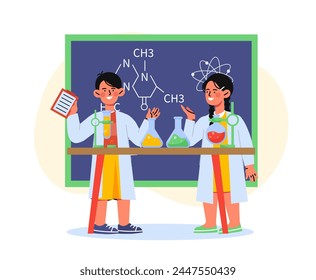 Chemistry children concept. Boy and girl with flasks with reagents and chalkboard with chemical formulas. Kids in protective eyeglasses. Education and learning. Cartoon flat vector illustration