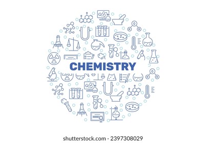 Banner del círculo de la química, antecedentes científicos. Cartel de equipamiento de laboratorio. Investigación científica. Iconos de línea de tubos de ensayo y frascos. Ilustración del vector