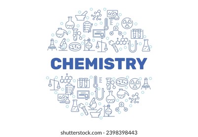Chemistry circle banner, science background. Laboratory equipment poster. Scientific research. Line icons of test tubes and flasks. Vector illustration.