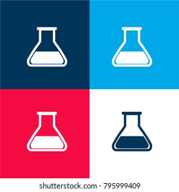 Chemistry class flask with liquid for experimentation four color material and minimal icon logo set in red and blue