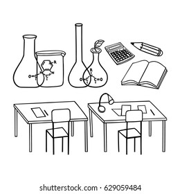 Chemistry class. Hand drawn vector illustration of classroom and equipment to practice chemistry. School life and education concept