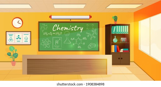 Marco de diseño interior de clase química. Educación en ilustración de vectores escolares. Habitación moderna con pizarra verde, pantalla, biblioteca con libros y carpetas, escritorio, tabla con información, ventanas.