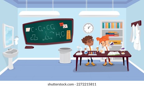 Clase de química y estudiantes pequeños. Clase química de colores y diseño con equipo.