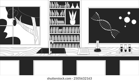 Chemistry class with modern equipment black and white line illustration. School supplies in chemical laboratory 2D interior monochrome background. Education process outline vector image