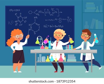 Chemistry class. Scientific study, children learning or teaching in school. New knowledge, safety in science decent experience vector concept